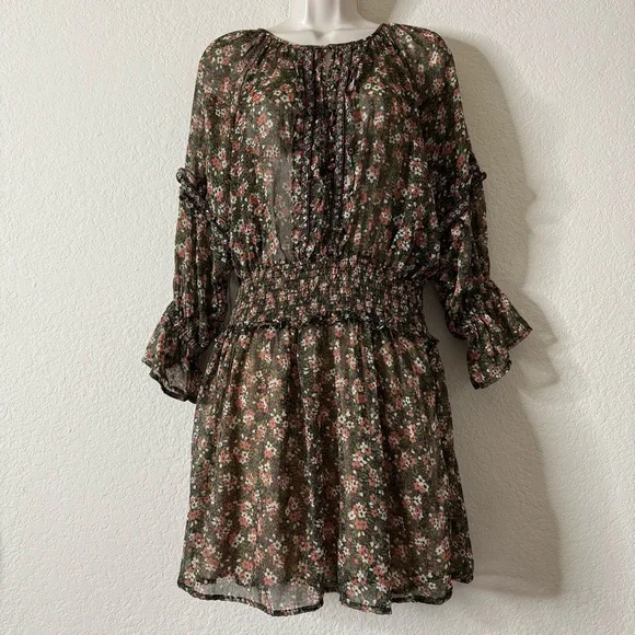 Zara Floral Beaded Mini Dress Small Peasant BOHO Festive Ruffle Smocked - Picture 2 of 15